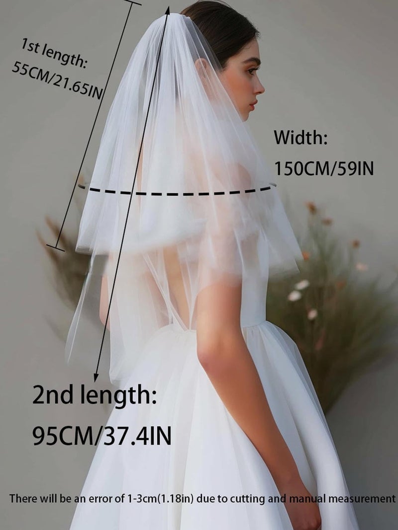 Unsutuo 2 Tiers Bride Wedding Veil Short Fingertip Bridal Tulle Veil with Comb and Cut Edge (White) - Image 3